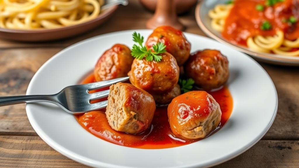 Savory Pork Meatballs with Garlic and Herbs Juicy pork meatballs served with marinara sauce and garnished with parsley on a wooden table.